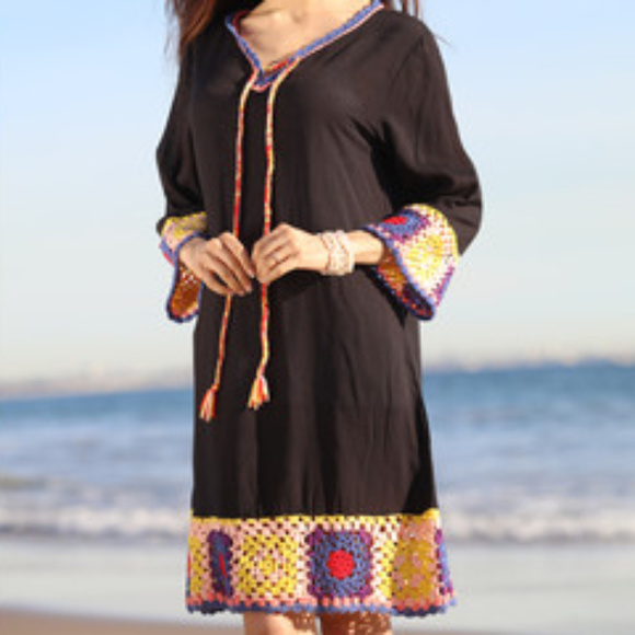 Dresses & Skirts - Black Crochet Bohemian Tassel Tie Tunic Dress